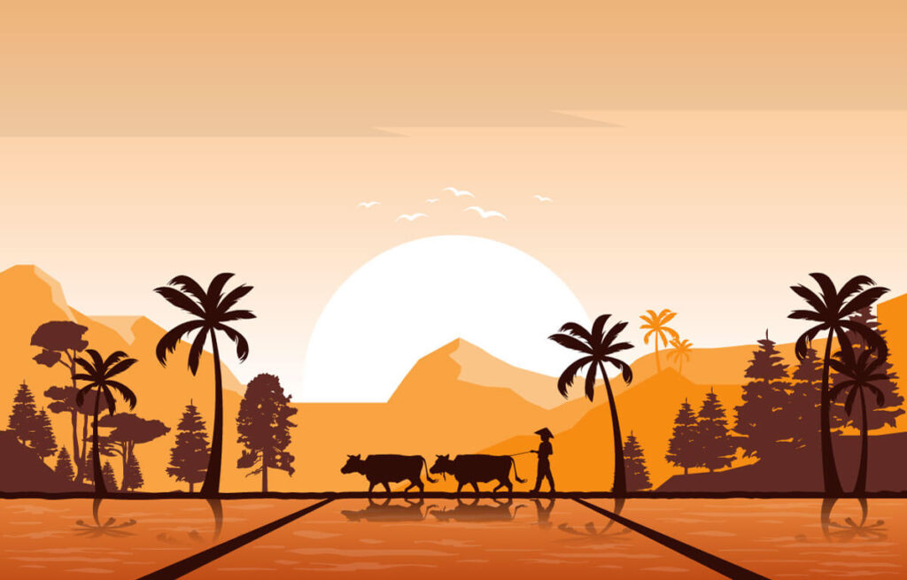 image showing an illustration of farmer farming jute at sunset