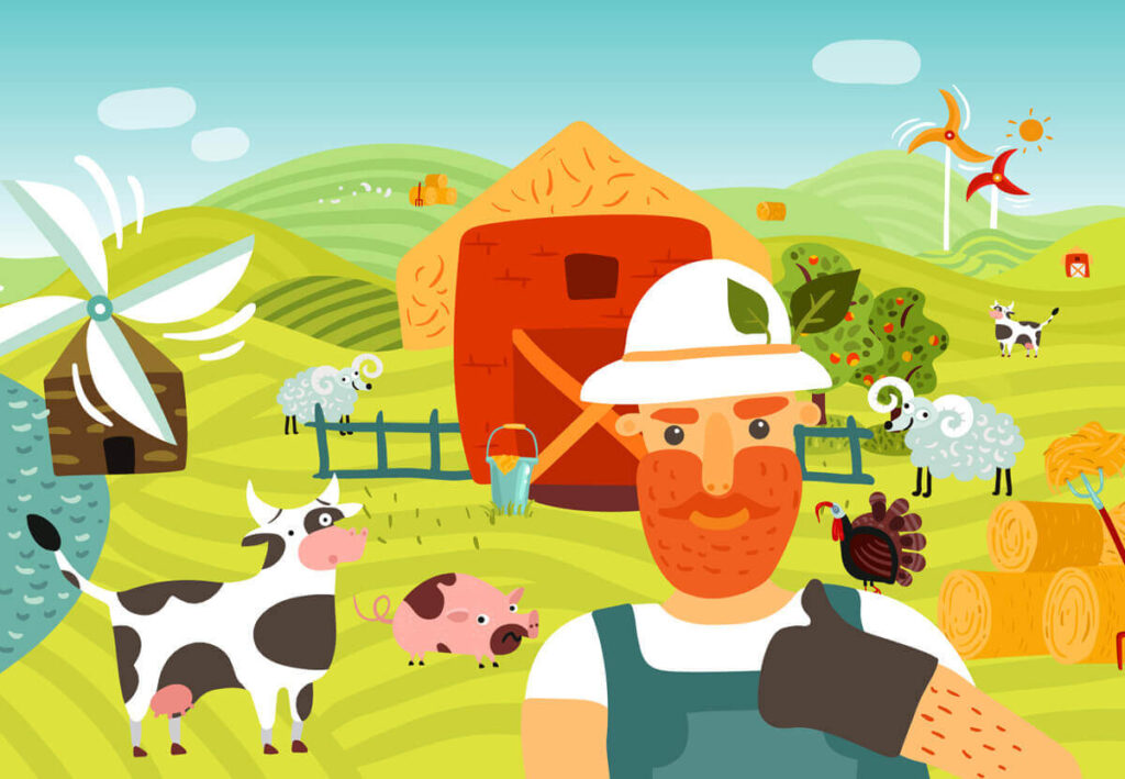 illustration showing old mcdonald living with his animals in his farm