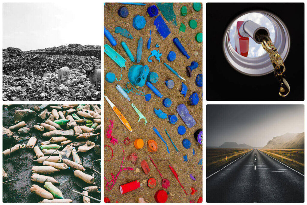 cows eating plastic in the dump | waste water bottles | broken plastic pieces | liquid fuel | the road made of plastic waste