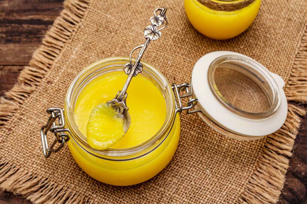 image showing desi ghee in a glass container